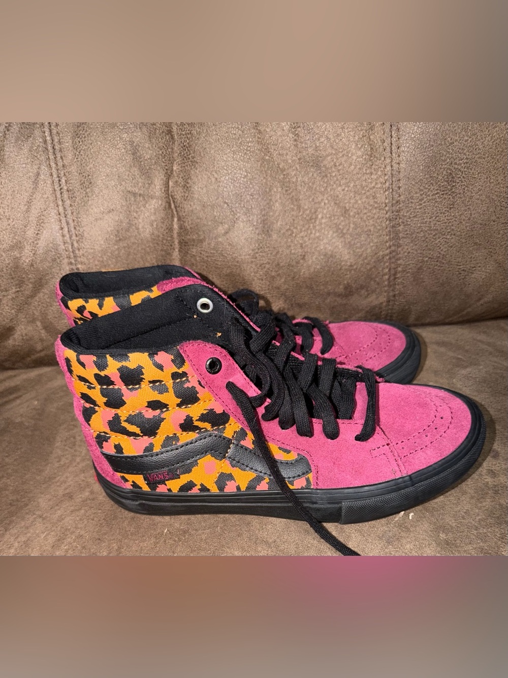 Vans Women's High-Top Sneakers in Pink and Black with Orange Leopard